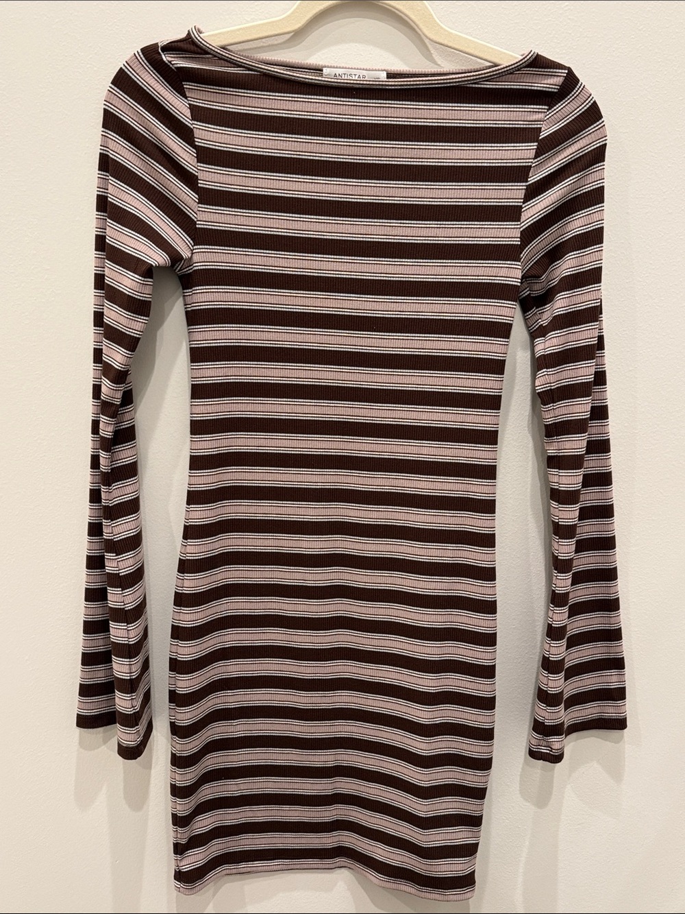 Striped Long-Sleeve Ribbed Knit Dress - Brown, Cream, Light Blue - XS